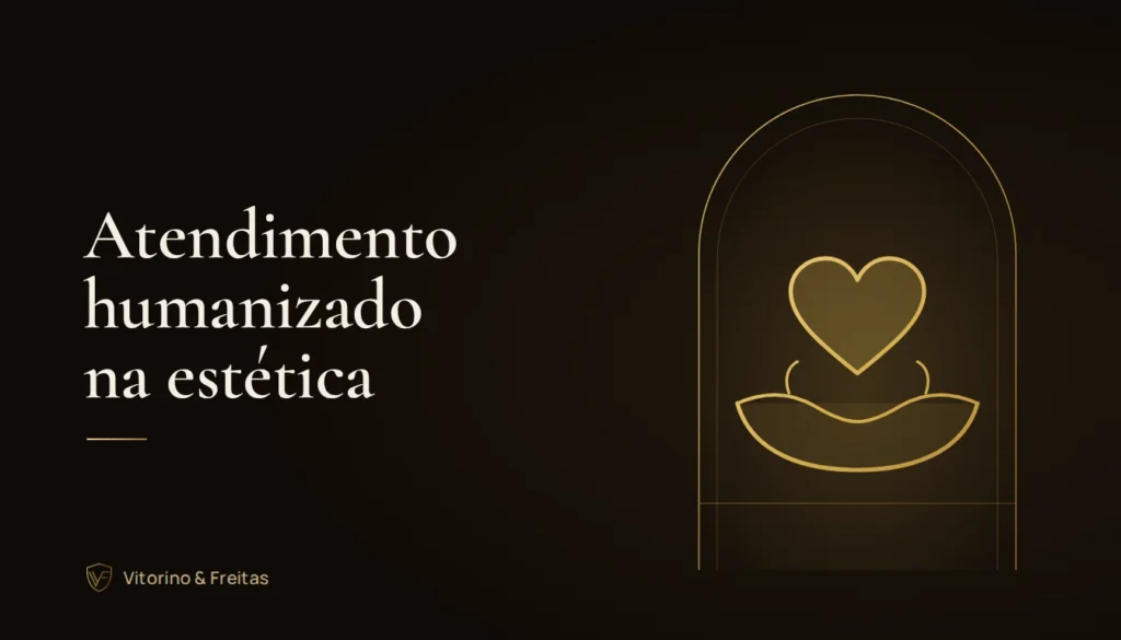 Ilustração dourada de mãos acolhendo um coração, capa do artigo sobre atendimento humanizado na estética
