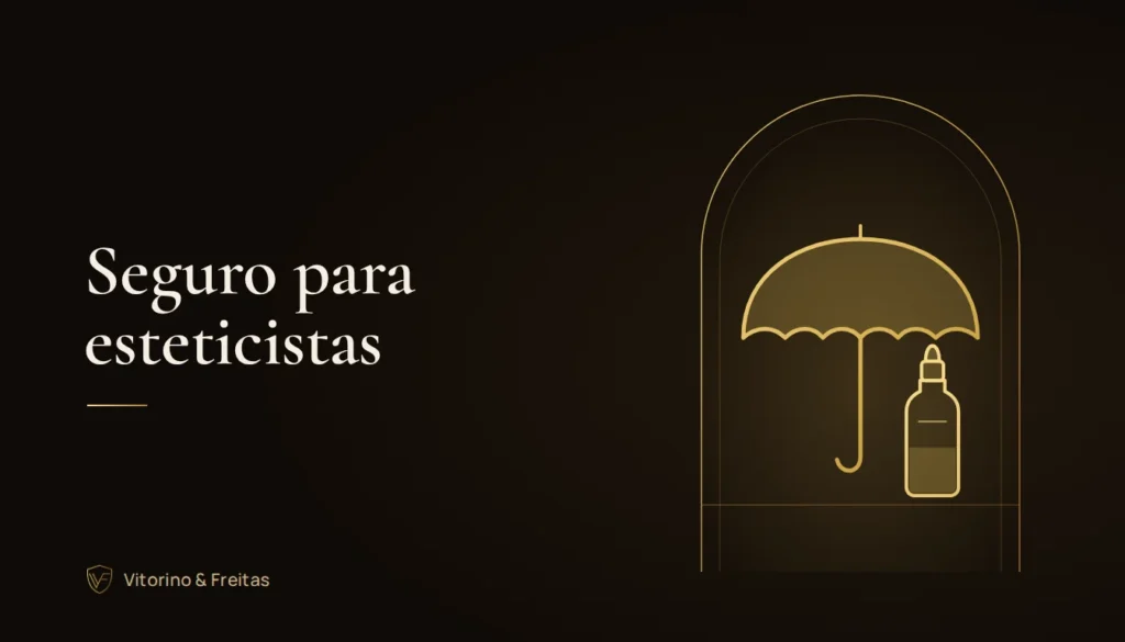 Ilustração dourada de um guarda-chuva protegendo um frasco de cosmético, capa do artigo sobre seguro para esteticistas