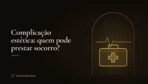 Ilustração dourada de uma maleta de primeiros socorros e linha de batimentos, capa do artigo sobre complicação estética e socorro
