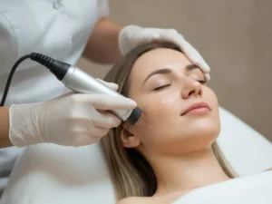 Profissional de estética com luvas aplicando aparelho no rosto de cliente