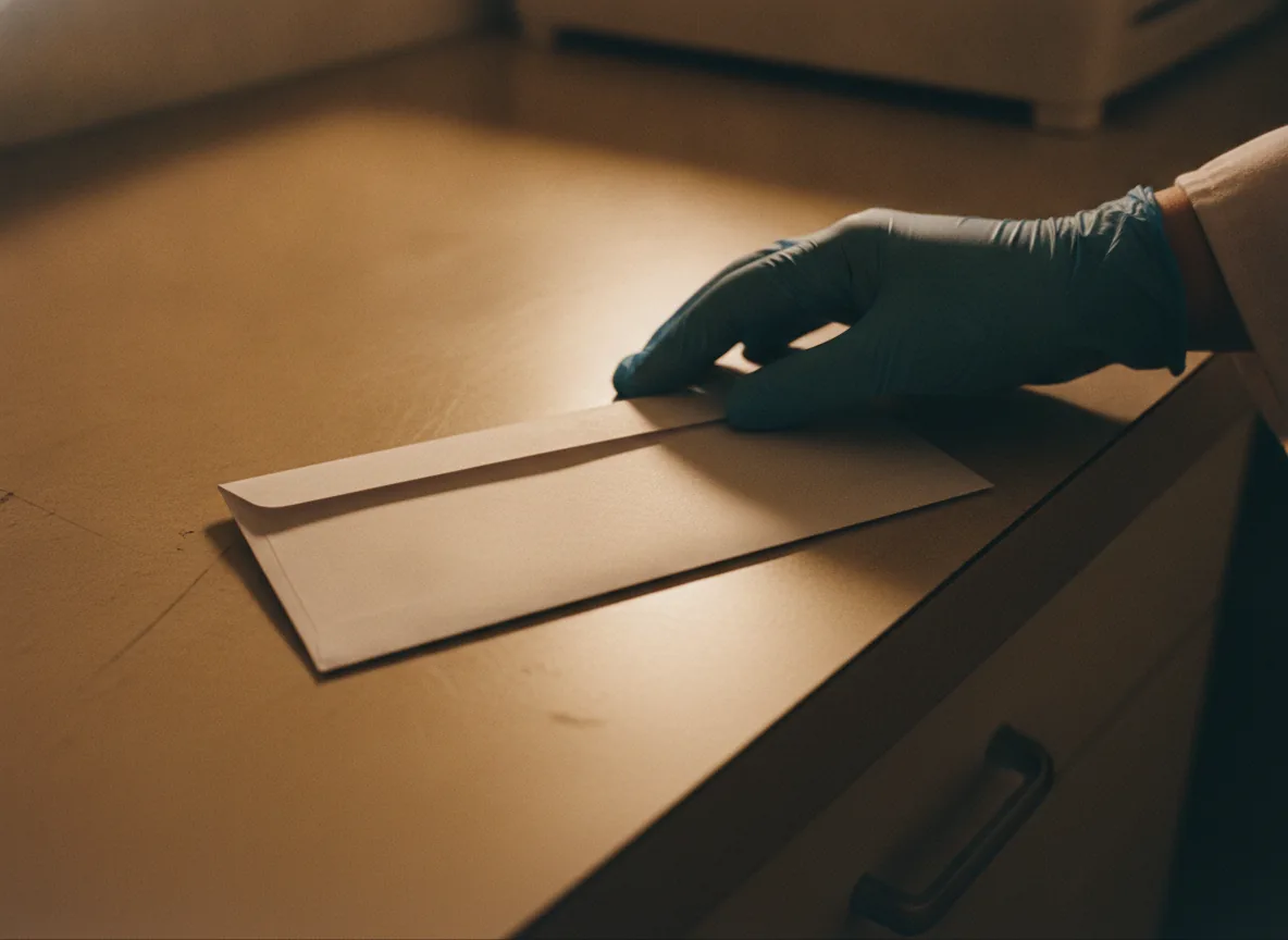 Envelope lacrado e virado para baixo sobre uma bancada de clínica, afastado por uma mão com luva